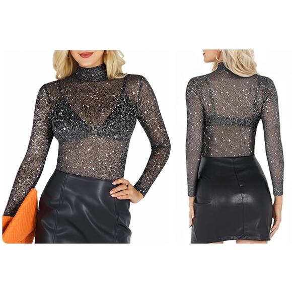 MANGOPOP Sheer Long Sleeve Top Glittery Sparkly Star Whimsical Sexy Goth Size S - Picture 1 of 11